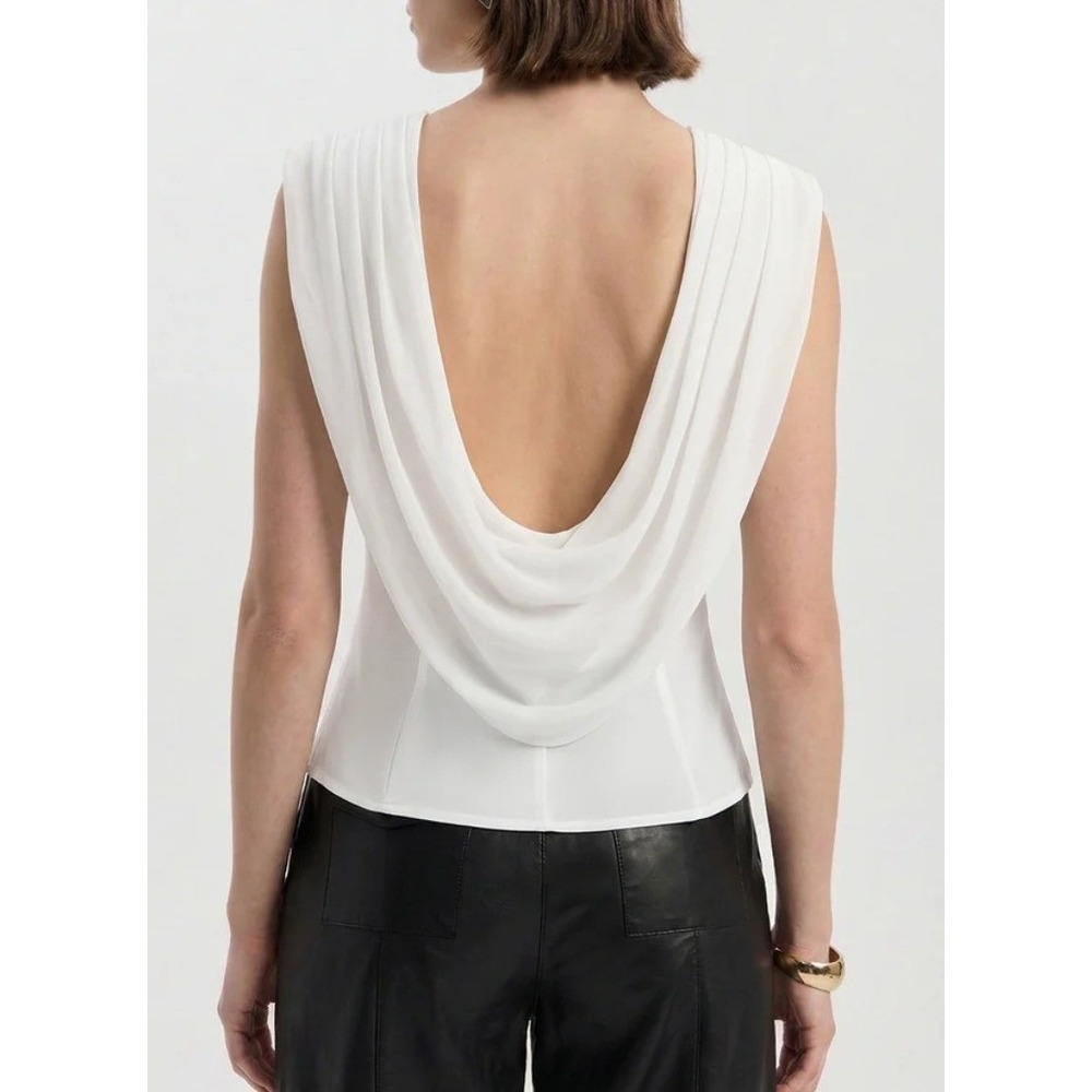 Commense White Draped Cowl-Back Sleeveless Top Shoulder Pads Slim Fit  Small